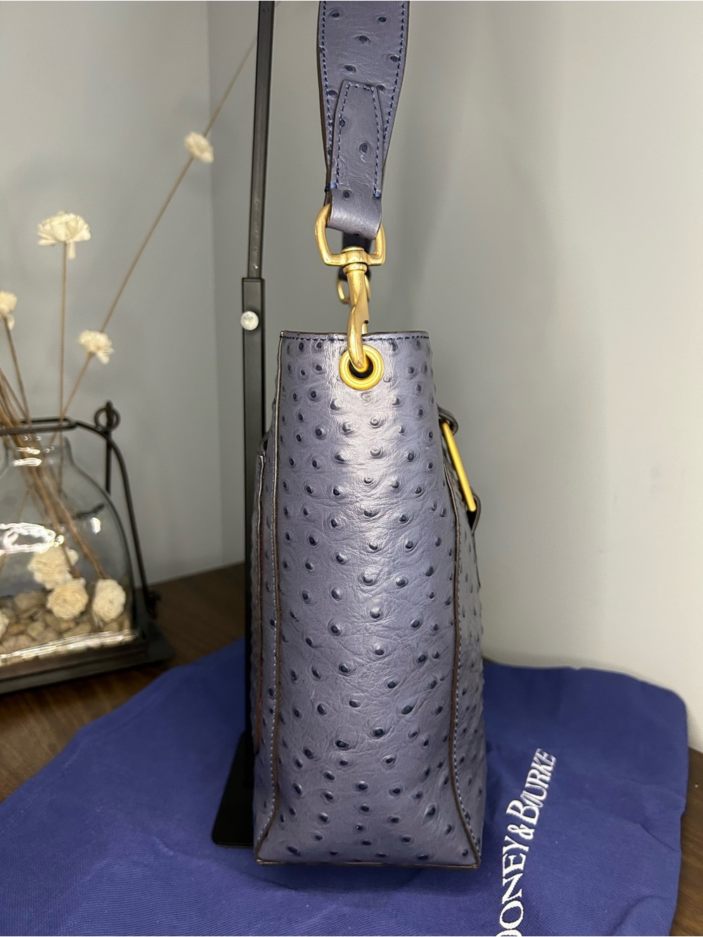 Dooney & Bourke NWT Blue Ostrich-Embossed Leather Brynn Bag Buckle Accent - Picture 6 of 14